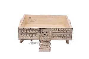 Wooden Indian Distressed Antique Chakki & Square Fruit Bowl Storage Table - Picture 1 of 4