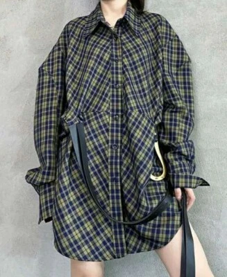 Ladies Khaki Black  Tartan Edgy Urban Designer Gold Clinch Belt Long Blouse  18 - Image 1 of 4