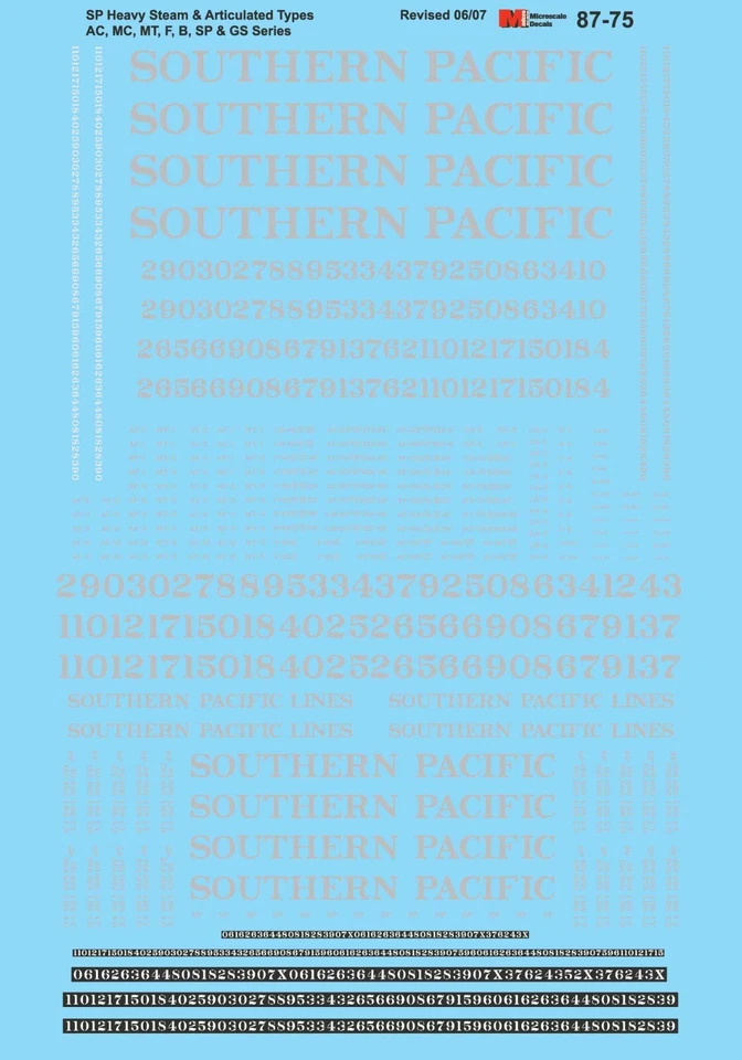 Microscale 87-75 HO Southern Pacific 284 482 484 Heavy Steam Locomotive Decals - Image 1 of 1