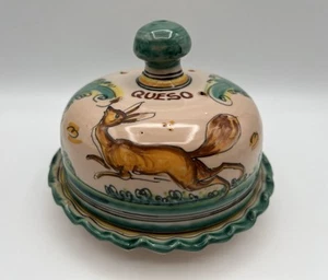 Spanish Art Pottery Hand Painted 7” Fluted Queso Cheese Plate w Dome Lid Spain - Picture 1 of 16
