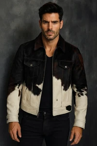 Men's Western Style Cowhide Leather jacket Real Hair On Pony Skin Gift For Him - Picture 1 of 9