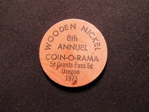 1973 Grants Pass, Oregon Wooden Nickel Token- Caveman Coin Club Coin-O-Rama Coin - Picture 1 of 2