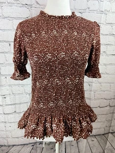 THML Blouse Top Women's XS Brown Polka Dot 100% Polyester Short Sleece Stretch - Picture 1 of 6
