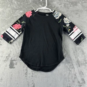 Old Navy Top T-Shirt Girls XS (5) Black w/ Pink Floral Print Long Sleeve - Picture 1 of 3