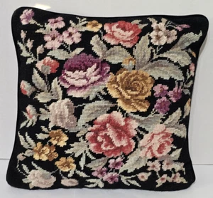 Vintage Wool Needlepoint Floral Roses on Black Pillow 14" Square Velvet Zipper - Picture 1 of 6