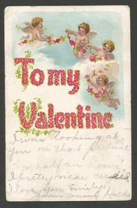 Antique Valentine Postcard - To My Valentine 4 Cherubs - 1914 - Undivided Back - Picture 1 of 2