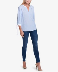 NWT Tommy Hilfiger Striped Tie-Sleeve Cotton Blouse Tunic Top L - Foto 1 di 8