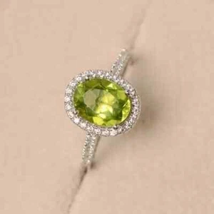 3Ct Oval Cut Peridot Lab Created Women's Halo Anniversary 14K White Gold Plated - Picture 1 of 6