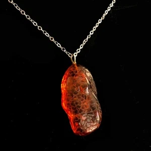 Vintage Cognac Transparent Natur Bernstein Anhänger 925 Silber Halskette, Marke '925' - Bild 1 von 7