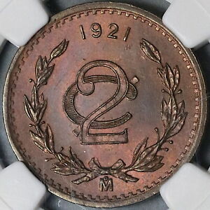 1921 NGC MS 64 Mexico 2 Centavos Mint State Coin (22070402C)