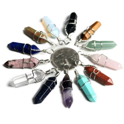 Natural Gemstone Hexagonal Point Reiki Chakra Pendant Necklaces Beads Wire Wrap - Image 1 of 4