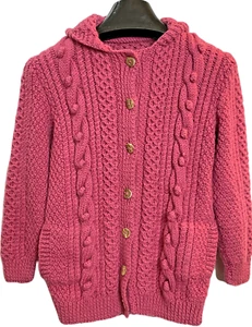 Vintage Aran Sweater Girl's L Handmade Cardigan Pink Wool Irish Chunky Hooded - Picture 1 of 12