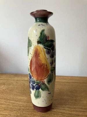 Backsplash Pottery Julie Euland Bottle & stopper 2001 pear grapes leaves peach - Image 1 of 4