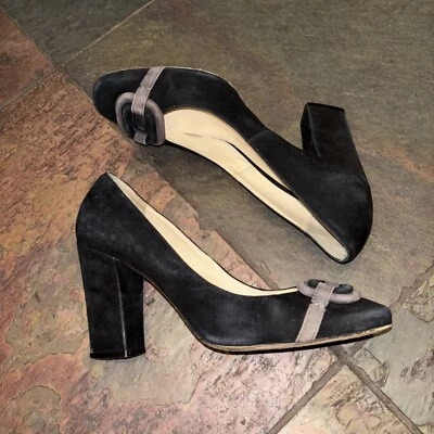 Max Mara Negro Marrón Gamuza Hebilla Bomba 38 7.5 Bloque Tacón Puntera Cuadrada Mujer Foto 1 de 4