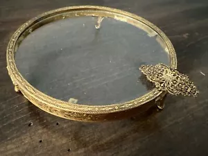 Antique Goldtone Ormolu Glass Footed Lady's Hairpin Tray 4 1/2" Round - Picture 1 of 11