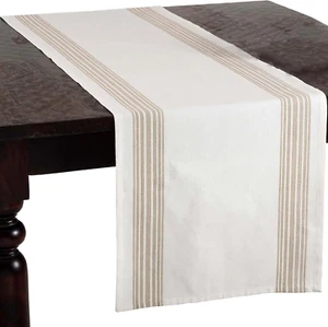 519.N1672B Striped Design Cotton Table Runner, Natural, 16"X72" - Picture 1 of 12