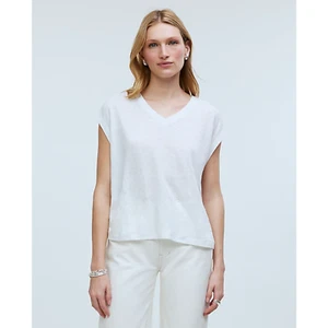 Madewell Relaxed V Neck Tee Shirt Linen Blend Jersey Comfy Basics White XS NWT - Picture 1 of 11