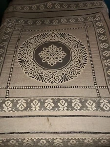 Ancien dessus de lit Art Déco en lin et dentelle larg 250 cm x L 210 cm - Picture 1 of 15