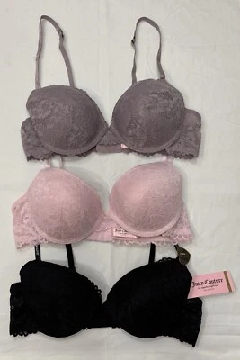 Juego de 3 sujetadores Juicy Couture con cordones push up rosa negro púrpura 36B nuevo con etiquetas Foto 1 de 4