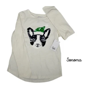 Sonoma Christmas Shirt Youth Girls Size 4 Frenchie Dog Flip Sequins Holiday - Picture 1 of 5