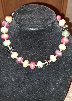Beautiful Chunky Bead Multi Tone Necklace Golds Rose Green Black Sophisticated  - Image 1 of 4
