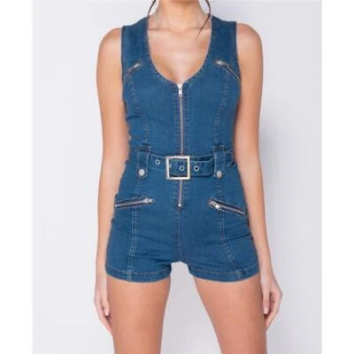 Damen Jeans Hotpants Overall mit Zipper und Gürtel Dunkelblau #OV506 - Bild 1 von 4