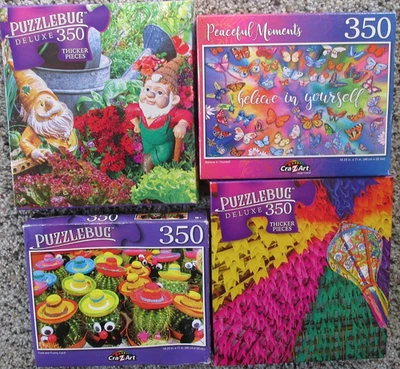 Puzzlebug Puzzles 350 Pieces Lot of 4 CraZArt Cardinal Flags Cacti Gnome Garden - Image 1 of 2