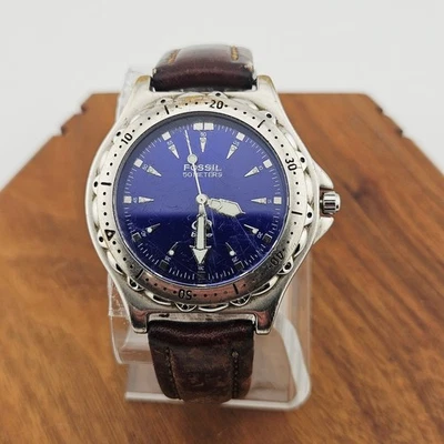 Fossil Men's Silver Tone Chronograph Watch Blue Dial Brown Leather Band AM-3132 - Image 1 of 4