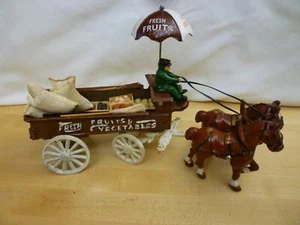 Vintage Cast Iron Horse Drawn Cart Fruit & Vegetable Wagon Figure Brooms Crates - Picture 1 of 12