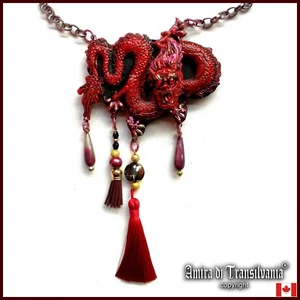Red Dragon Oriental Jewelry Talisman Amulet Pendant Necklace Chain Stone Pearl - Picture 1 of 24