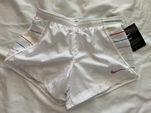 Nike Big Girl DRI-FIT Running Shorts Color White/Stripe Color Size L 4" Inseam - Picture 1 of 12