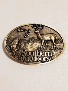 VINTAGE BRASS BUCKLE W/BUCK, FISH, DUCKS-BY SOUTHERN OUTDOORS-USA-GOOD CONDITION - Picture 1 of 3