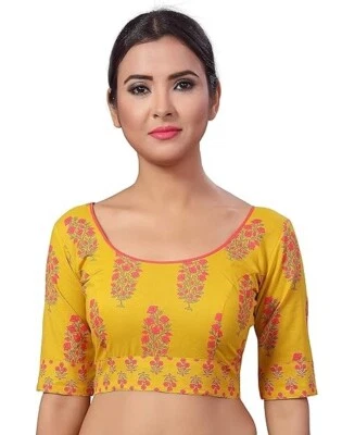 Blusa para mujer india confeccionada con sari de algodón estampada amarilla sari talla 50 Foto 1 de 3