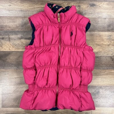 Ralph Lauren 女孩羽绒背心粉色蓝色大号双面头骨户外 — 第 1/4 张图片