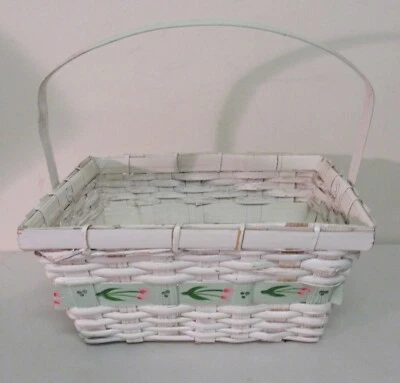White Rectangular Basket w/Handle Hand Painted Pink Flowers Philippines 11x8 - Image 1 of 4