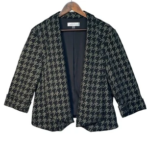 Kasper Open Front Blazer Women Size 16 Black Gold Houndstooth 3/4 Sleeve Career - Picture 1 of 12