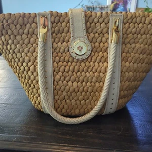 Michael Kors Santorini Corn Straw Husk Tote Large Braided Leather Turn Lock AsIs - Picture 1 of 13