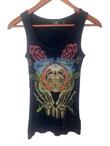 Camiseta sin mangas Christian Audigier acanalada talla XS negra calavera rosa - Imagen 1 de 7