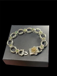 Handmade 925 Sterling Silver Bracelet with Green Quartz Lion Clasp | 8.2 Inch - Picture 1 of 7