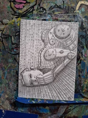 Robot Down Woman 2,5 x 3,5 pulgadas ACEO ORIGINAL ROBLE Grafito Jmg Foto 1 de 3