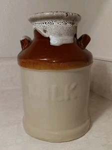 Vtg Milk Jug Crock Pottery Ceramic Stoneware Brown Cream Drip Glazed 6.5" READ - Picture 1 of 7