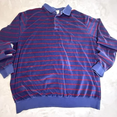 Винтажный мужской пуловер LL Bean размер XL синяя красная полоса велюр на пуговицах 1/4 сделано в США - Изображение 1 из 4