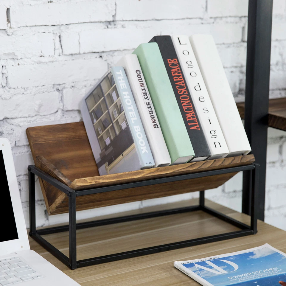MyGift Burnt Wood and Industrial Metal Trough Style Desktop Storage Bookcase - Image 1 of 4