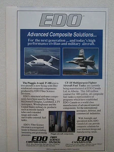 4/1991 PUB EDO CANADA COMPOSITE FUEL TANK CF-18 PIAGGIO AVANTI P180 ORIGINAL AD - Foto 1 di 1