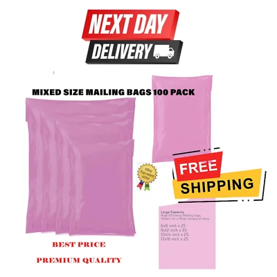 HAUSOWN 100 x Pink Mailing Bags Mixed Sizes Postage Bags for Clothes Seal Seal Envelopes