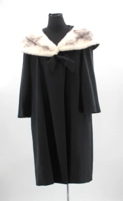 VTG Women's 50s 60s Black Wool Swing Coat W/ White Fur Collar 1950s 1960s Sz M/L - Image 1 of 4