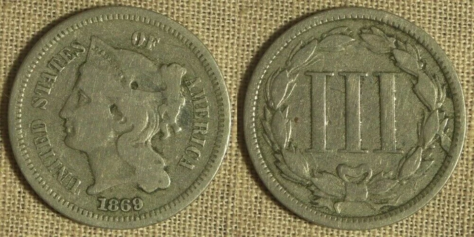 Error: 1869 3 ct Nickel, Cud Rev. K3:30 IREC584 - Image 1 of 1