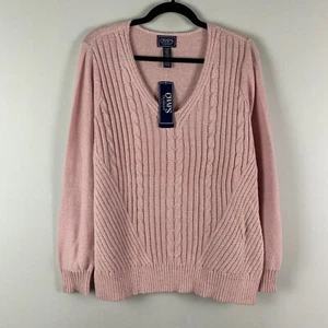 Chaps Cable Knit Sweater Womens 1X Pink Silver Sparkle V Neck Pullover - Picture 1 of 10