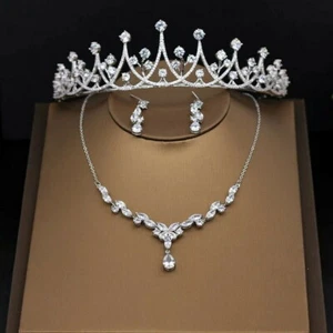 Luxury All CZ Cubic Zirconia Necklace Earrings Crown Set Wedding Party Pageant P - Picture 1 of 7