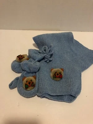 Conjunto de bufanda y manopla de invierno azul bebé para niños talla 6-12 meses oso peludo Foto 1 de 4